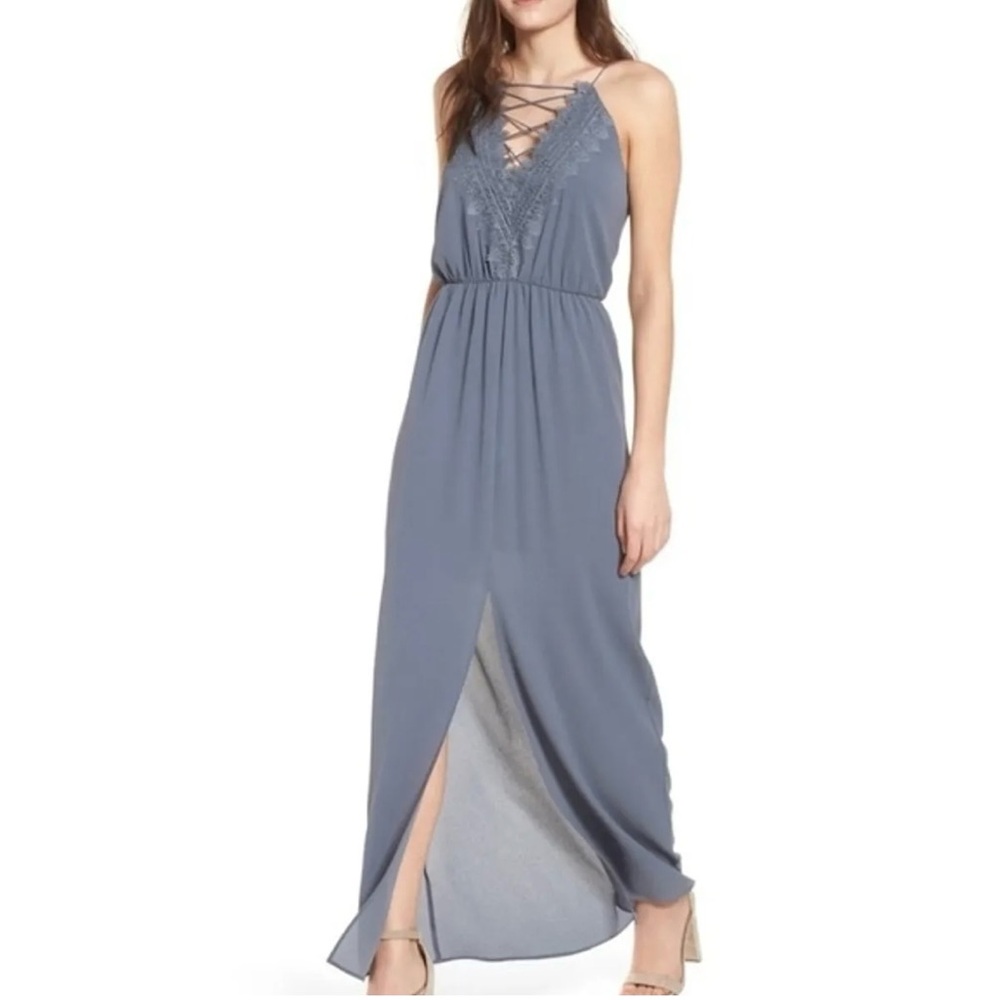 WAYF Posie Grey Grisaille Corset Slit Maxi Dress Size Medium